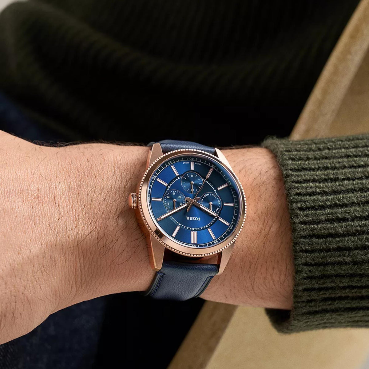 Fossil Pearson 42mm Multifunction Blue Dial Leather Mens Quartz Watch FS6196