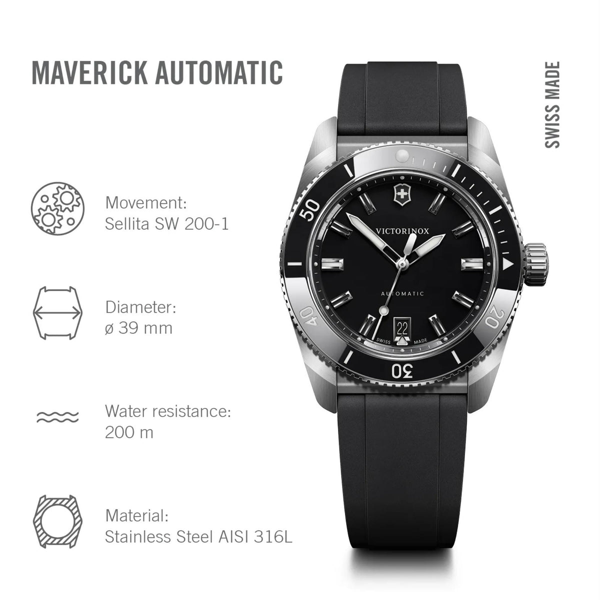 Victorinox Maverick 39mm Black Dial Rubber Mens Automatic Watch 242104