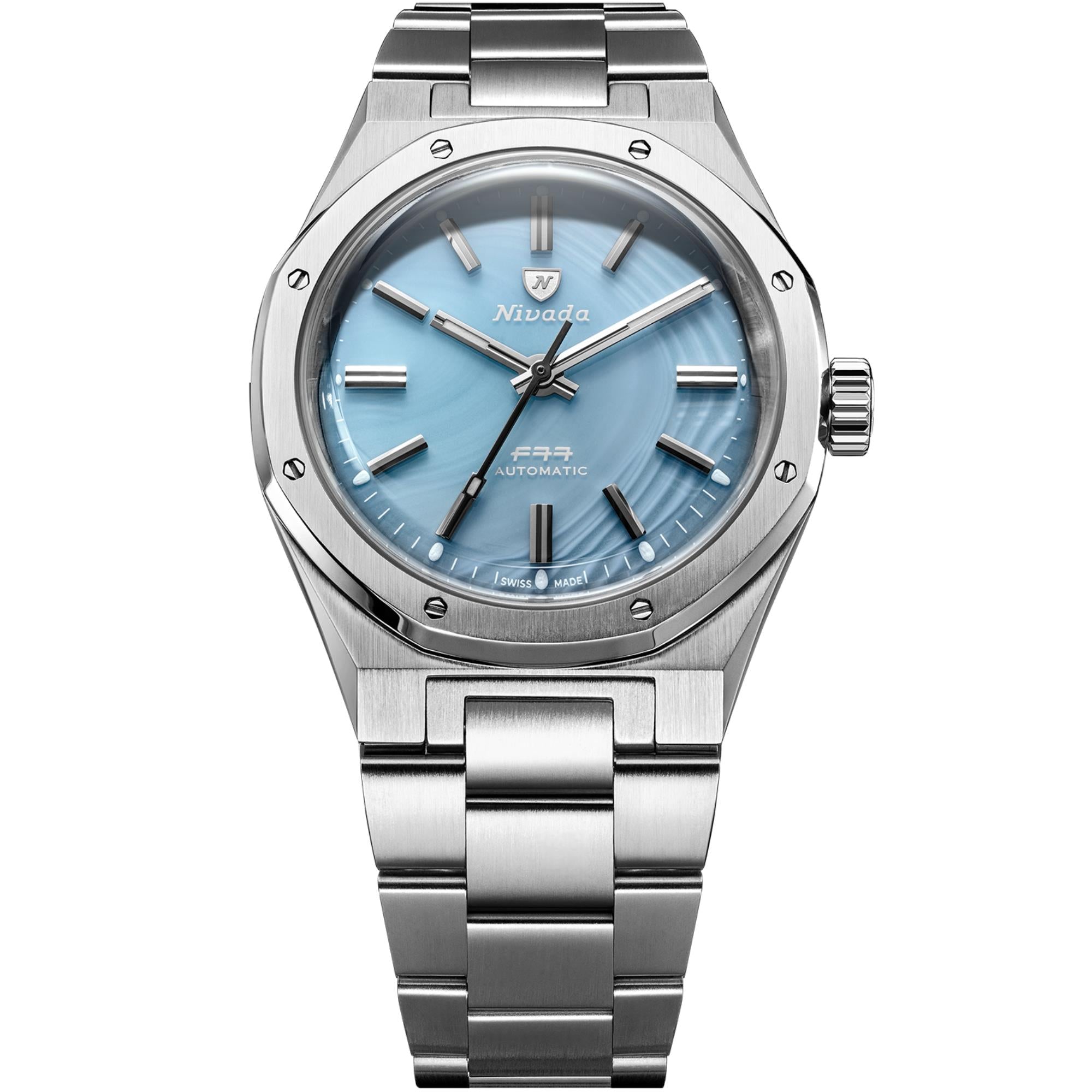 Nivada Grenchen F77 MK2 Ice Agate Dial Steel Mens Watch 68061A77