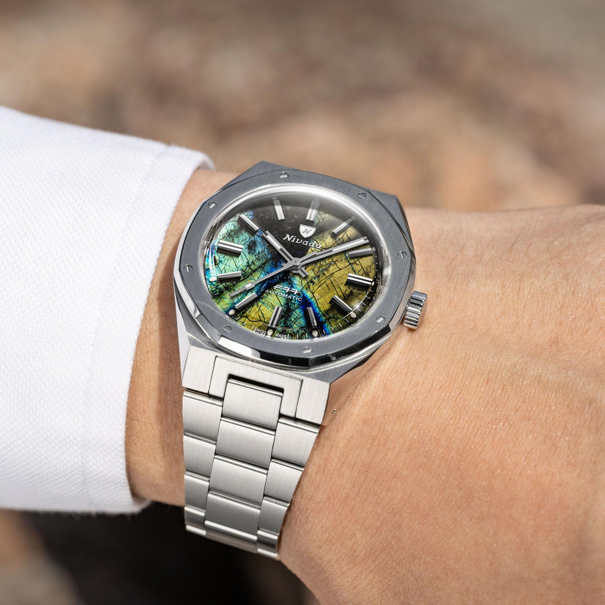 Nivada Grenchen F77 MK2 100 Years Edition 38mm Labradorite Dial Steel Mens Automatic Watch 68054A77