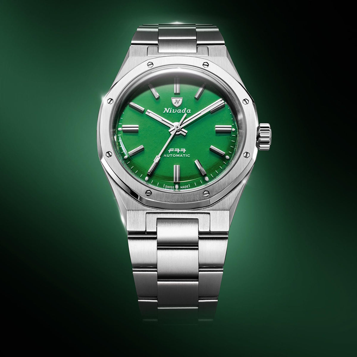 Nivada Grenchen F77 MK2 100 Years Edition 38mm Jade Dial Steel Mens Automatic Watch 68055A77
