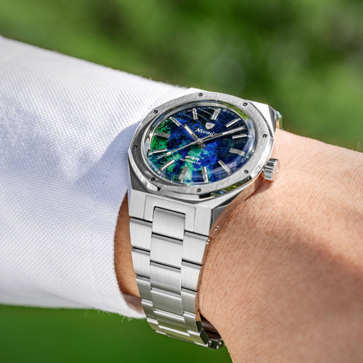 Nivada Grenchen F77 MK2 100 Years Edition 38mm Azurite Dial Steel Mens Automatic Watch 68056A77