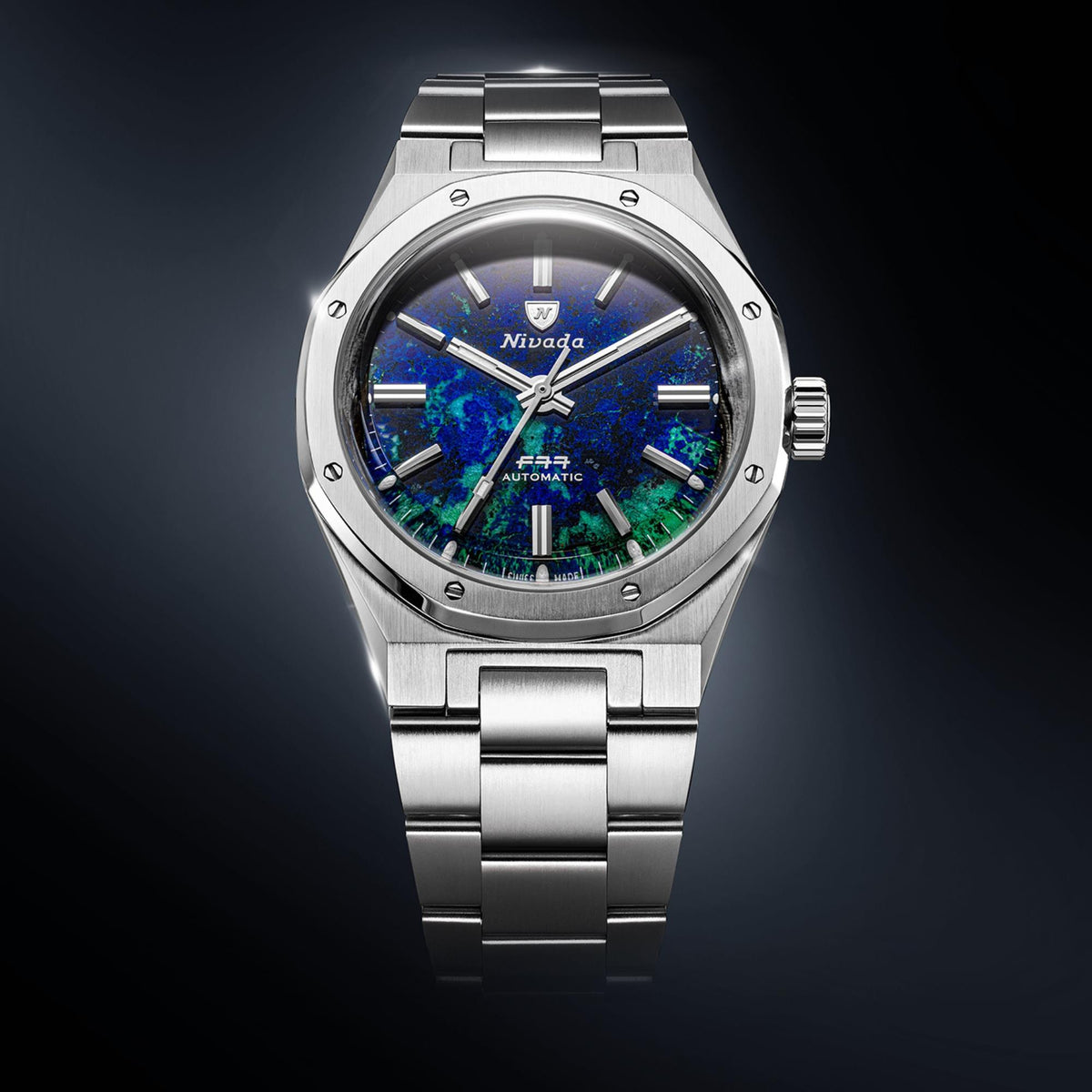 Nivada Grenchen F77 MK2 100 Years Edition 38mm Azurite Dial Steel Mens Automatic Watch 68056A77