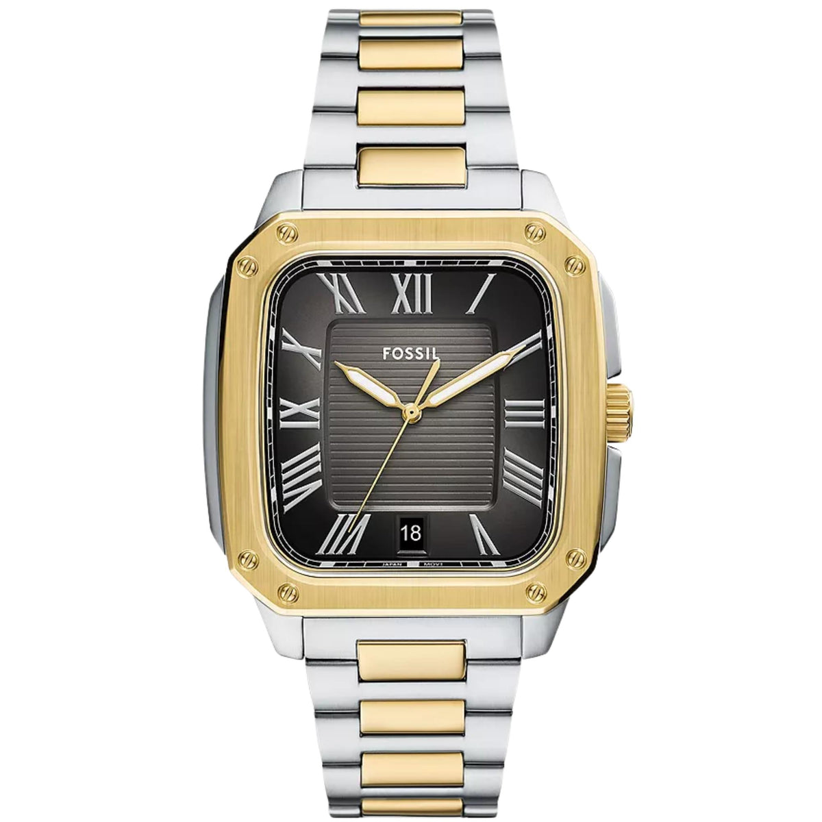 Fossil Crosby FS6123 front view of black dial with steel case and bracelet