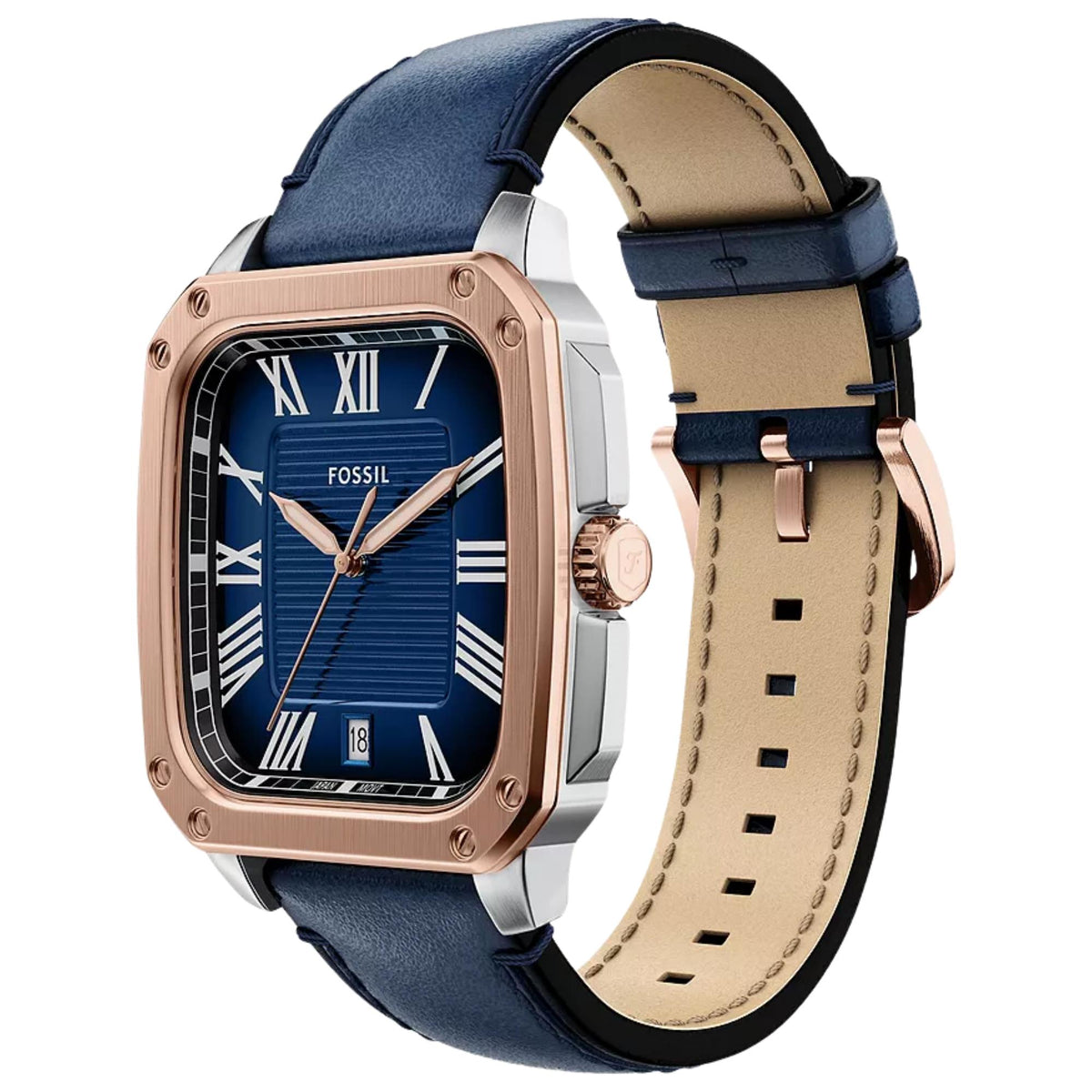Fossil Crosby FS6149 angled view highlighting blue dial with steel case and leather strap