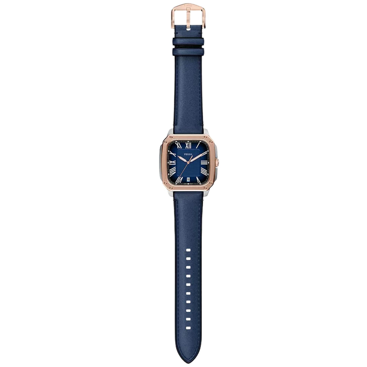 Fossil Crosby FS6149 full view displaying blue dial watch with lay-flat leather strap
