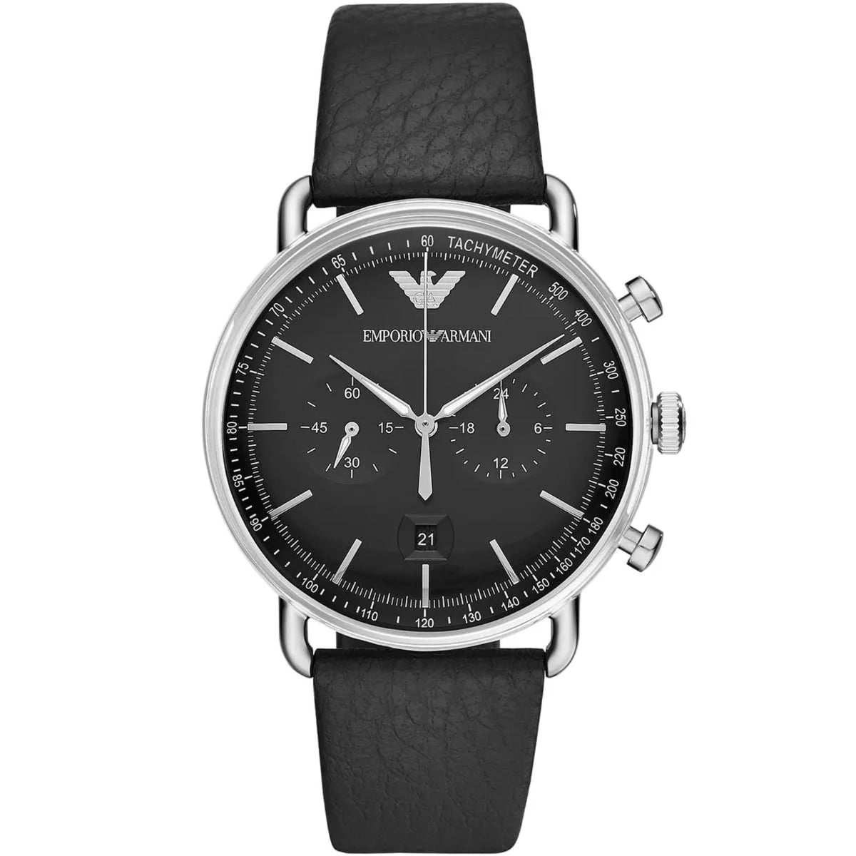 Emporio Armani Aviator 43mm Chronograph Black Dial Leather Mens Quartz Watch AR11143