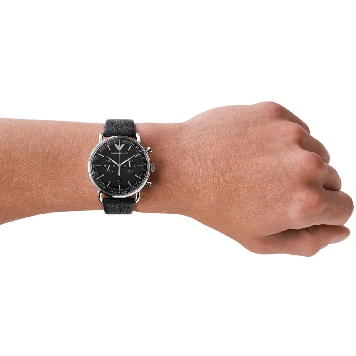 Emporio Armani Aviator 43mm Chronograph Black Dial Leather Mens Quartz Watch AR11143