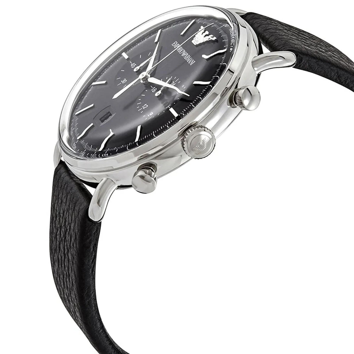 Emporio Armani Aviator 43mm Chronograph Black Dial Leather Mens Quartz Watch AR11143