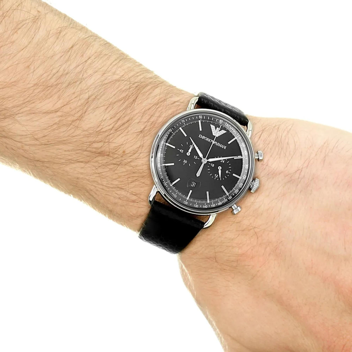 Emporio Armani Aviator 43mm Chronograph Black Dial Leather Mens Quartz Watch AR11143