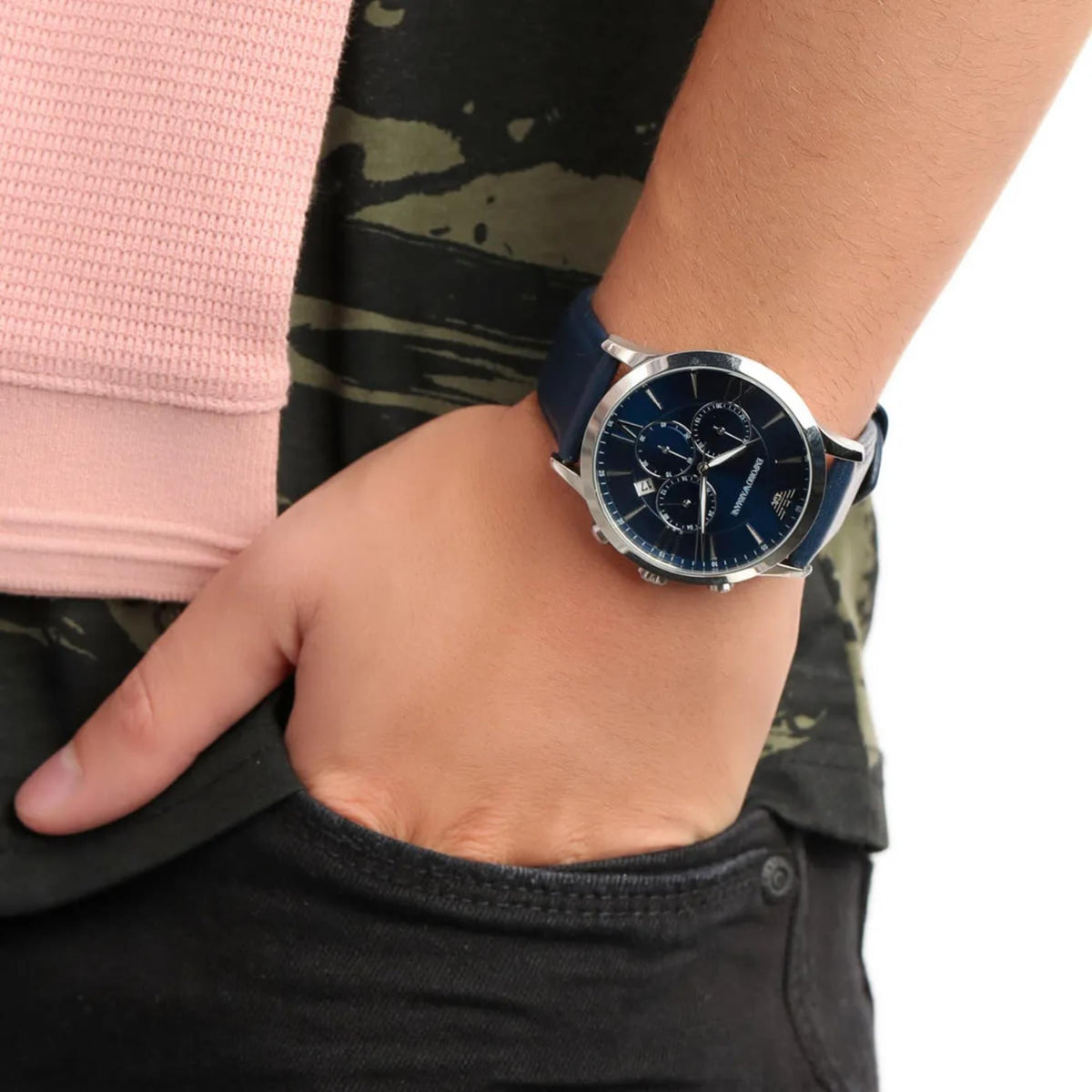 Emporio Armani Giovanni 43mm Chronograph Blue Dial Leather Mens Quartz Watch AR11226