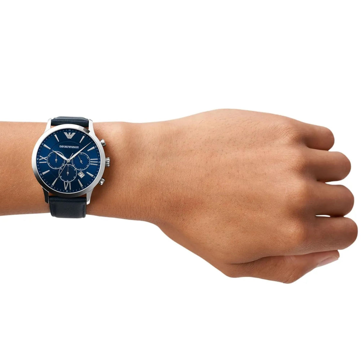 Emporio Armani Giovanni 43mm Chronograph Blue Dial Leather Mens Quartz Watch AR11226