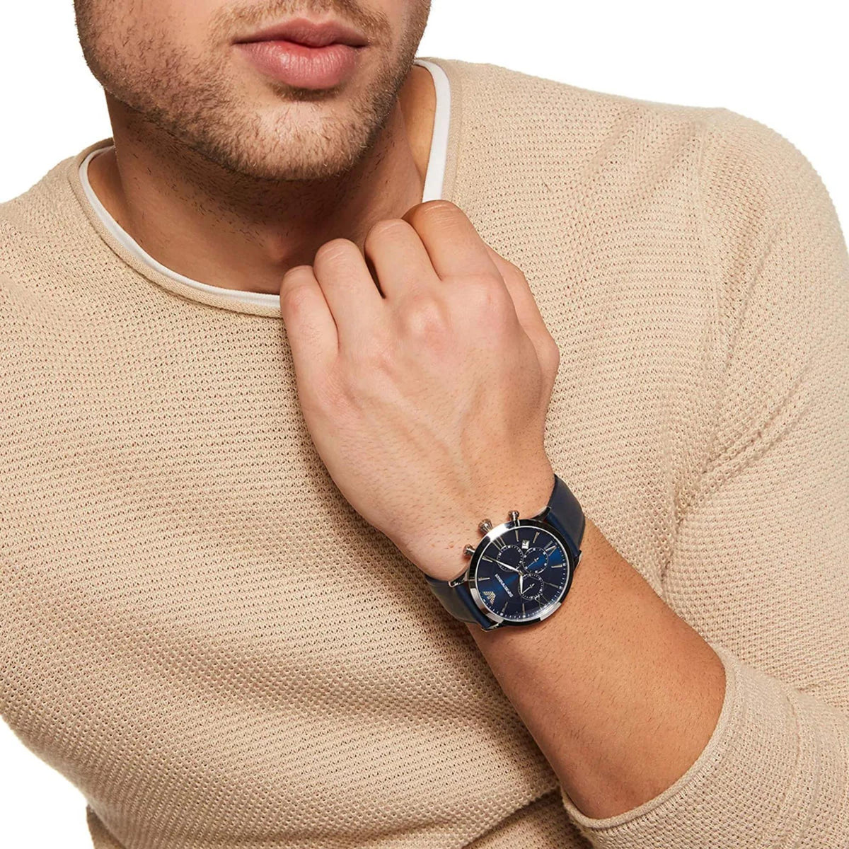 Emporio Armani Giovanni 43mm Chronograph Blue Dial Leather Mens Quartz Watch AR11226