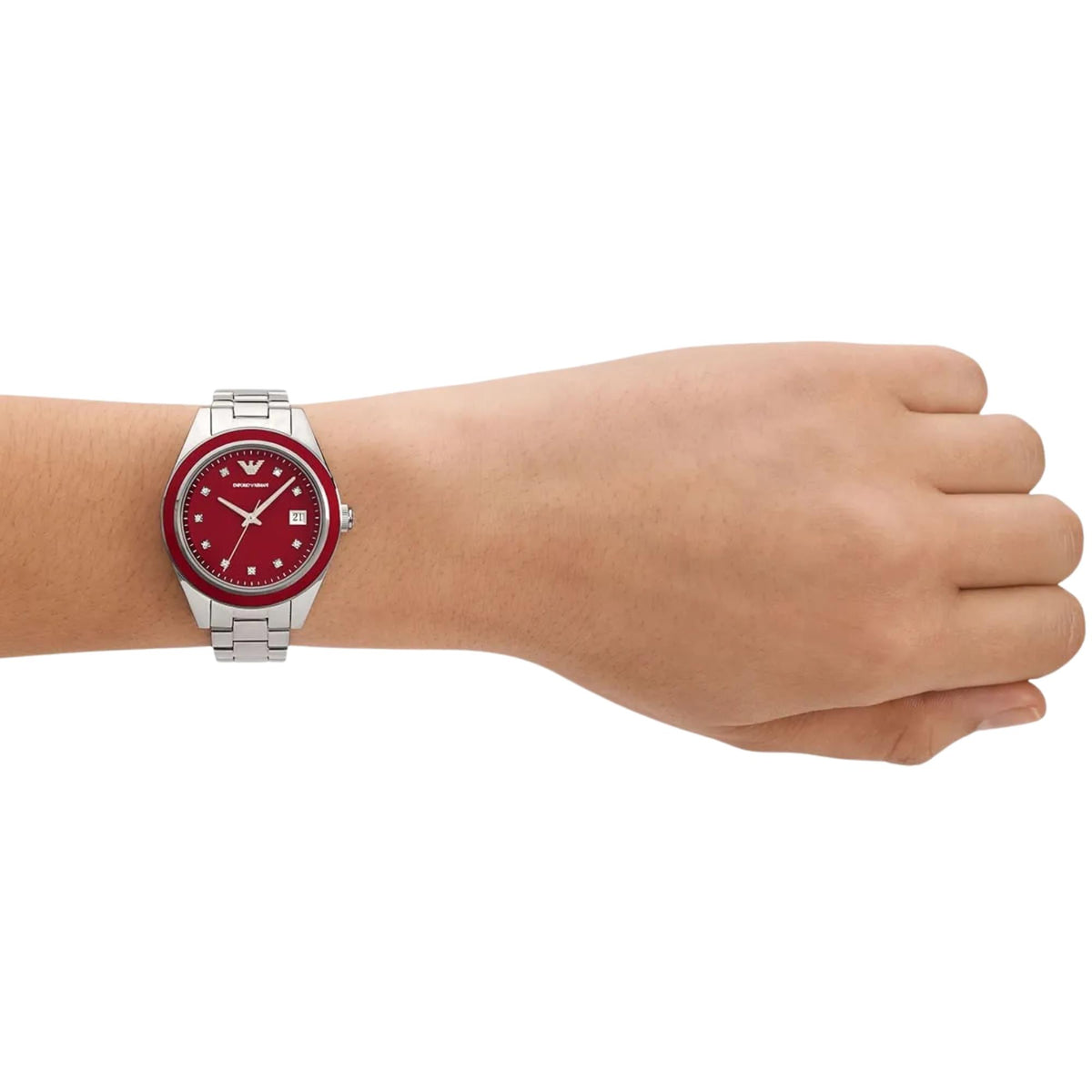 Emporio Armani Leo 36mm Red Dial Steel Ladies Quartz Watch AR11544