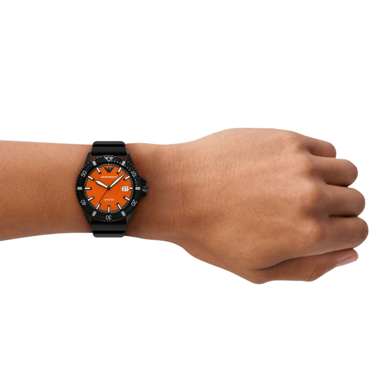 Emporio Armani World Explorer 42mm Orange Dial Silicone Mens Quartz Watch AR11684