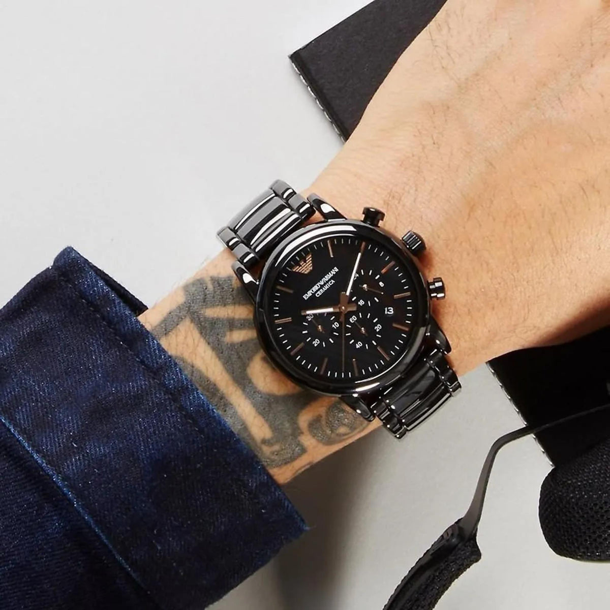 Emporio Armani Luigi 43mm Chronograph Black Dial Ceramic Mens Quartz Watch AR1509