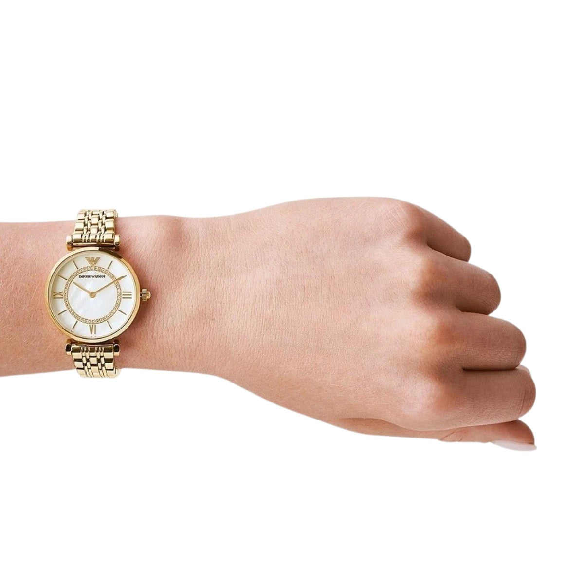 Emporio Armani Gianni T-Bar 32mm Mother of Pearl Dial Yellow Gold-Tone Steel Ladies Quartz Watch AR1907