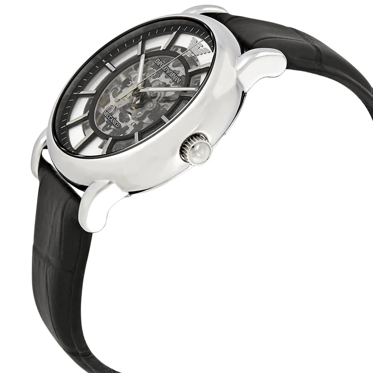 Emporio Armani Meccanico 43mm Silver Dial Leather Mens Automatic Watch AR1981