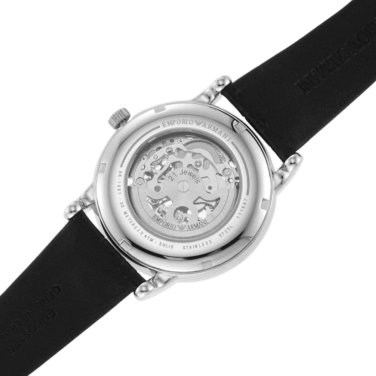Emporio Armani Meccanico 43mm Silver Dial Leather Mens Automatic Watch AR1981