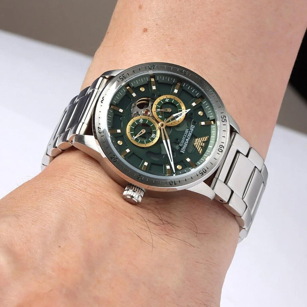 Emporio Armani Mario 43mm Green Dial Steel Mens Automatic Watch AR60053