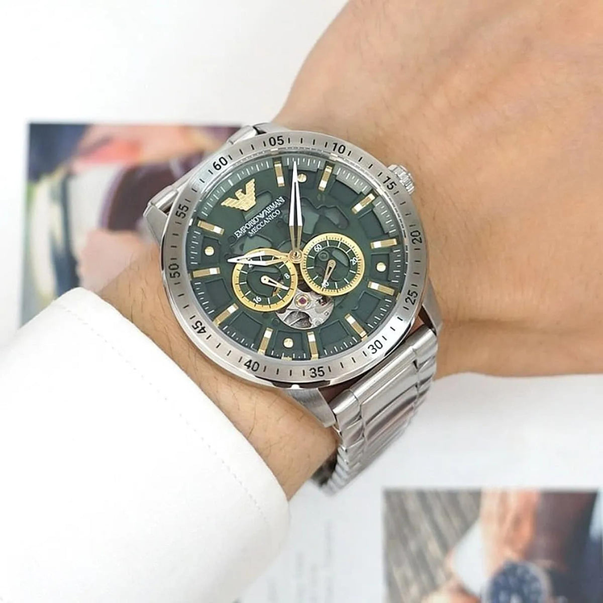 Emporio Armani Mario 43mm Green Dial Steel Mens Automatic Watch AR60053