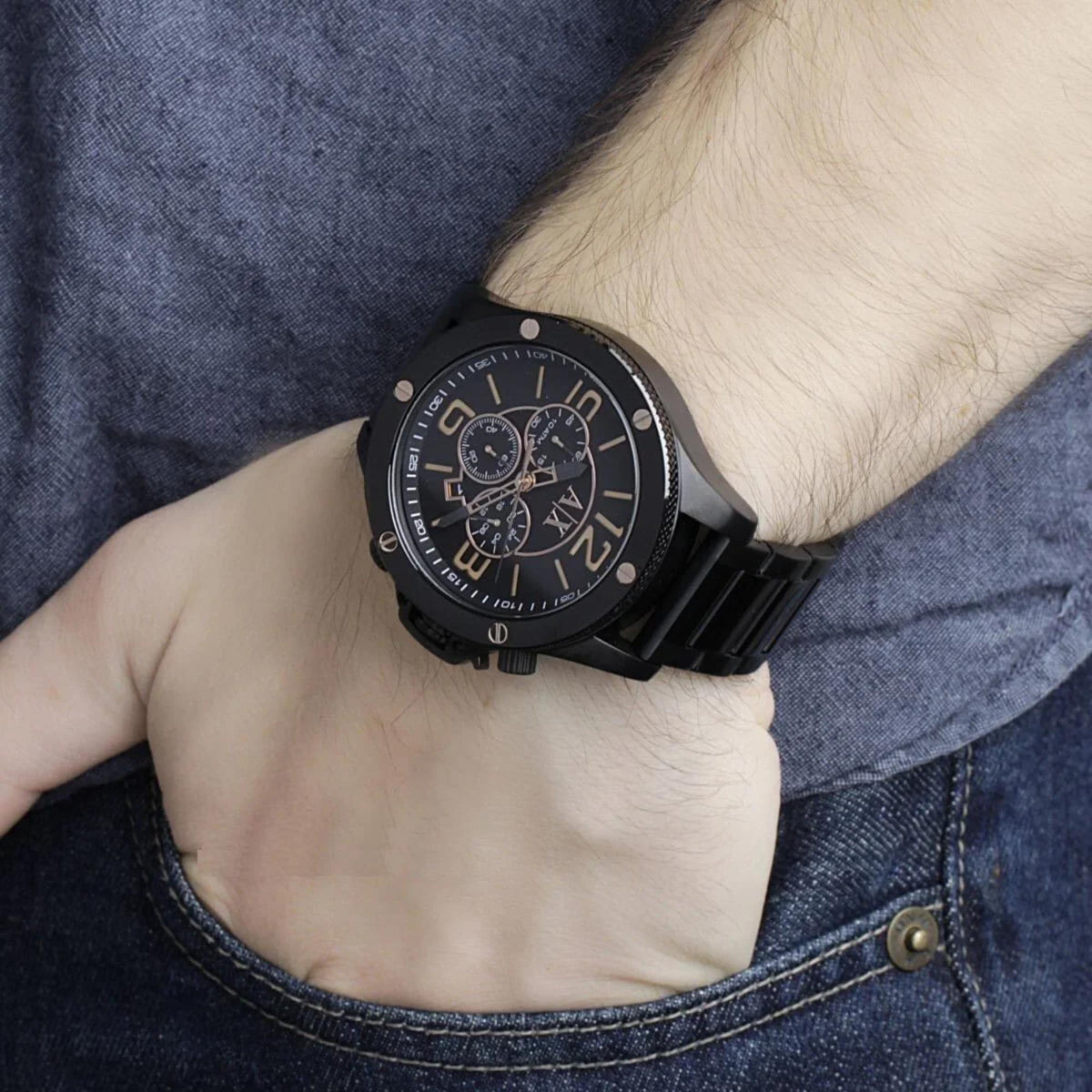 Armani Exchange Wellworn 48mm Chronograph Black Dial Steel Mens Quartz Watch AX1513