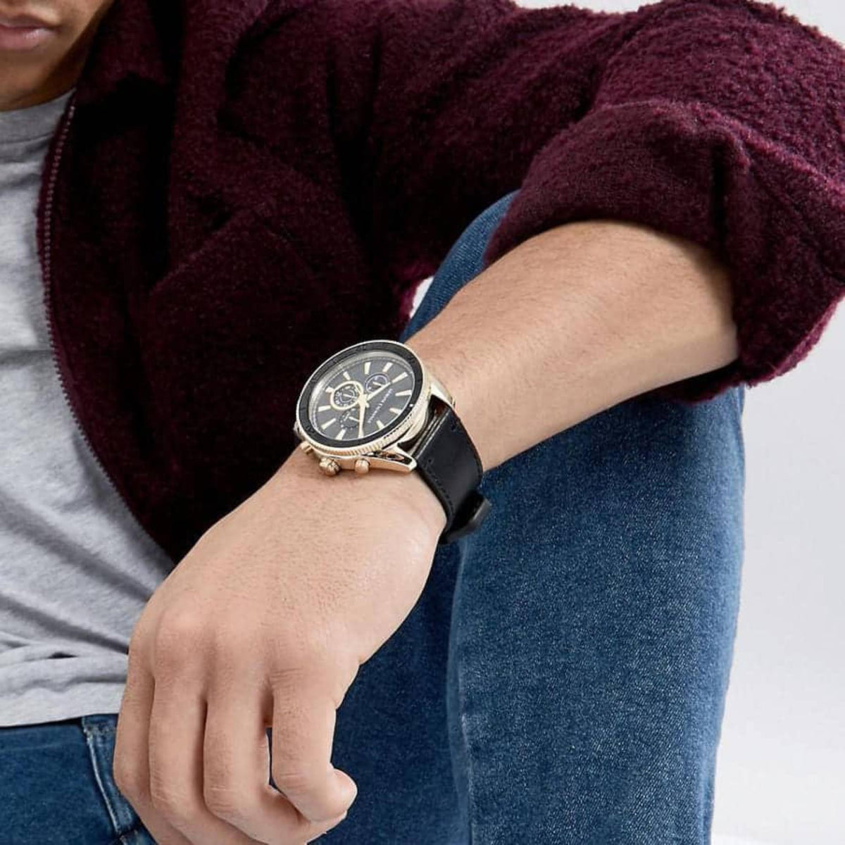 Armani Exchange Enzo 46mm Chronograph Black Dial Yellow Gold-Tone Steel Leather Mens Quartz Watch AX1818