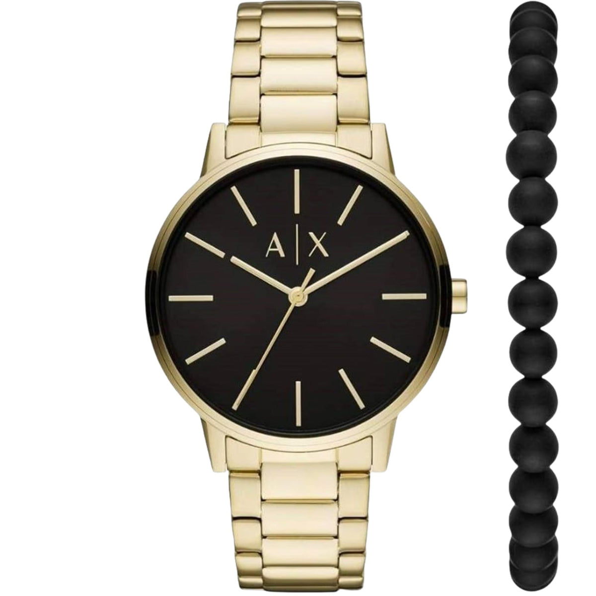Armani Exchange Cayde 42mm Black Dial Yellow Gold-Tone Steel Mens Quartz Watch and Bracelet Gift Set AX7119
