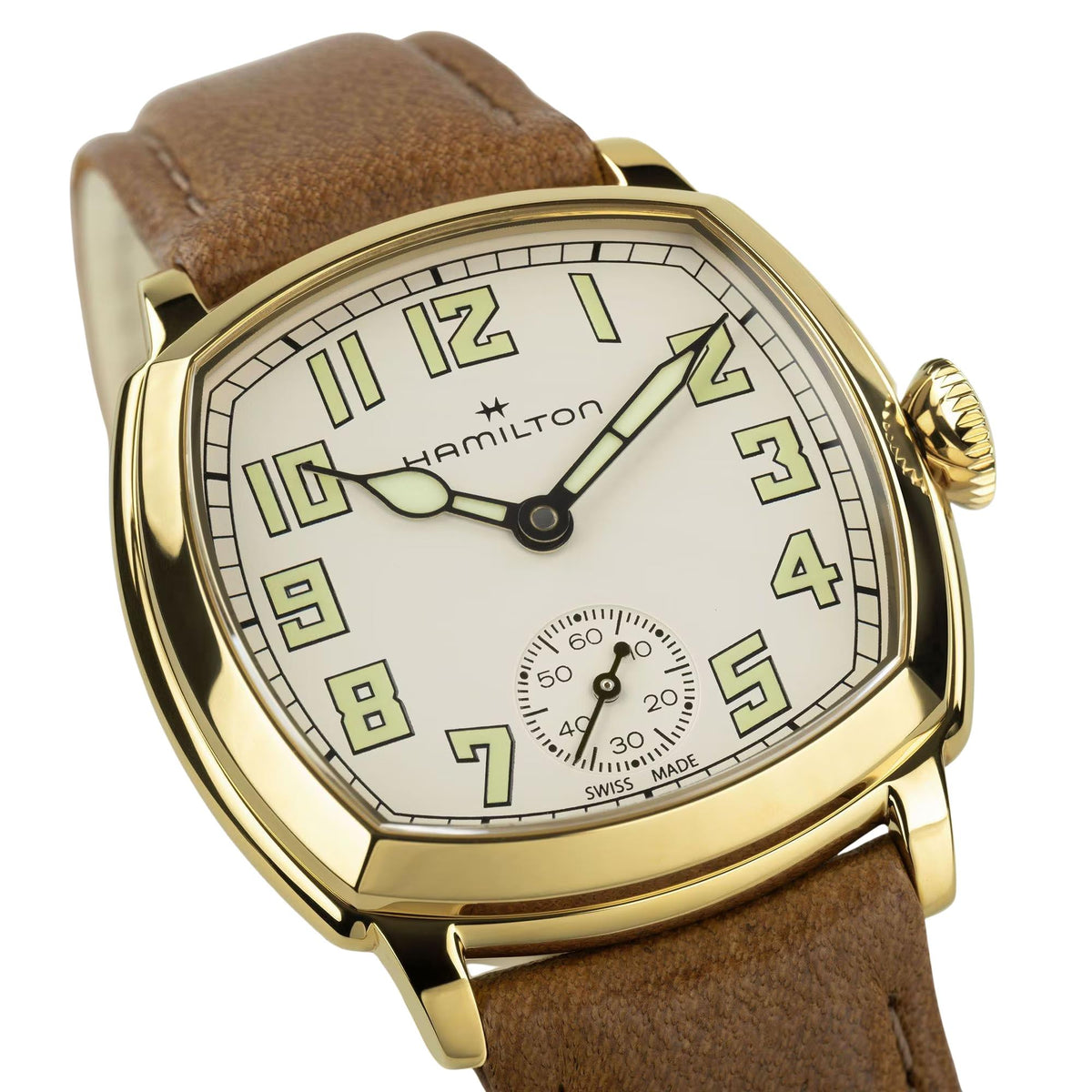 Hamilton American Classic Cushion 30mm Beige Dial Yellow Gold-Tone Steel Leather Manual-Wind Watch H36119520