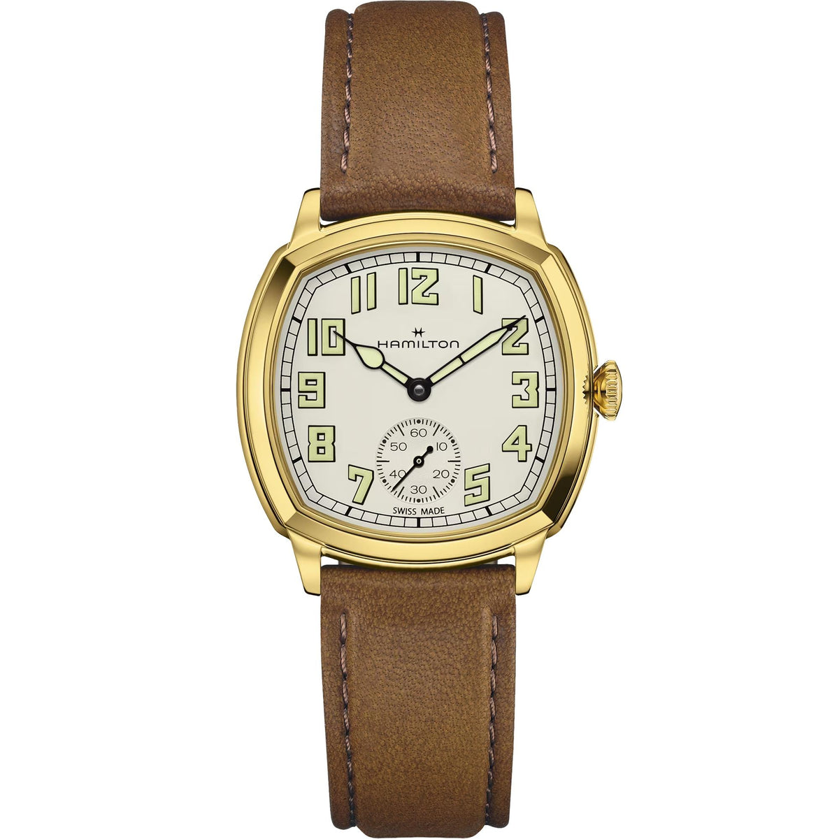 Hamilton American Classic Cushion 34mm Beige Dial Yellow Gold-Tone Steel Leather Mens Manual-Wind Watch H36139520
