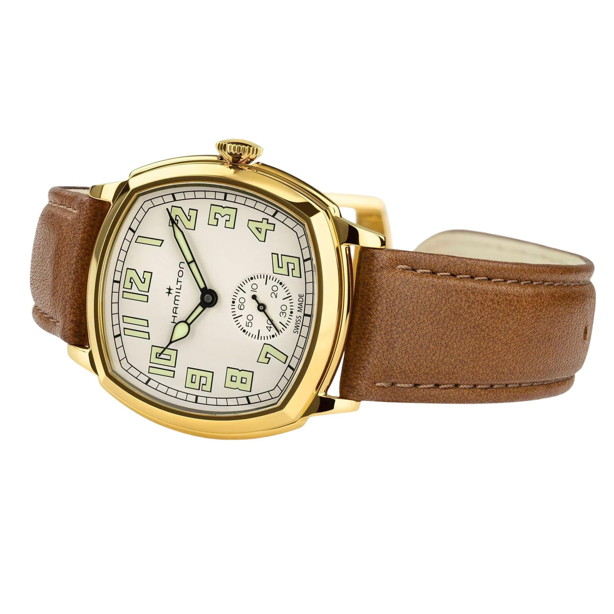 Hamilton American Classic Cushion Mechanical 34mm Beige Dial Yellow Gold-Tone Steel Leather Mens Manual-Wind Watch H36139520
