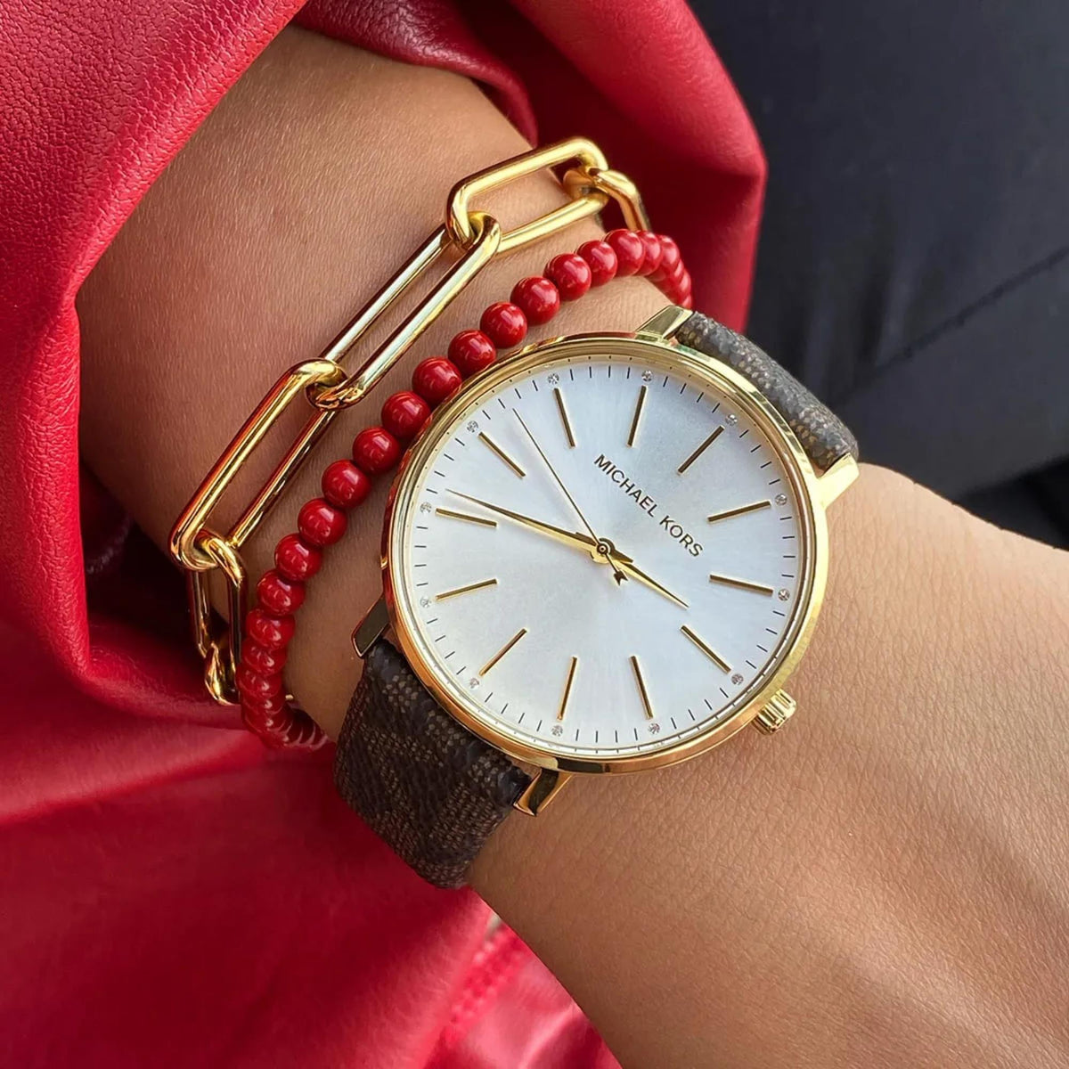 Michael Kors Pyper 38mm Silver Dial Yellow Gold-Tone Steel Leather Ladies Quartz Watch MK2857