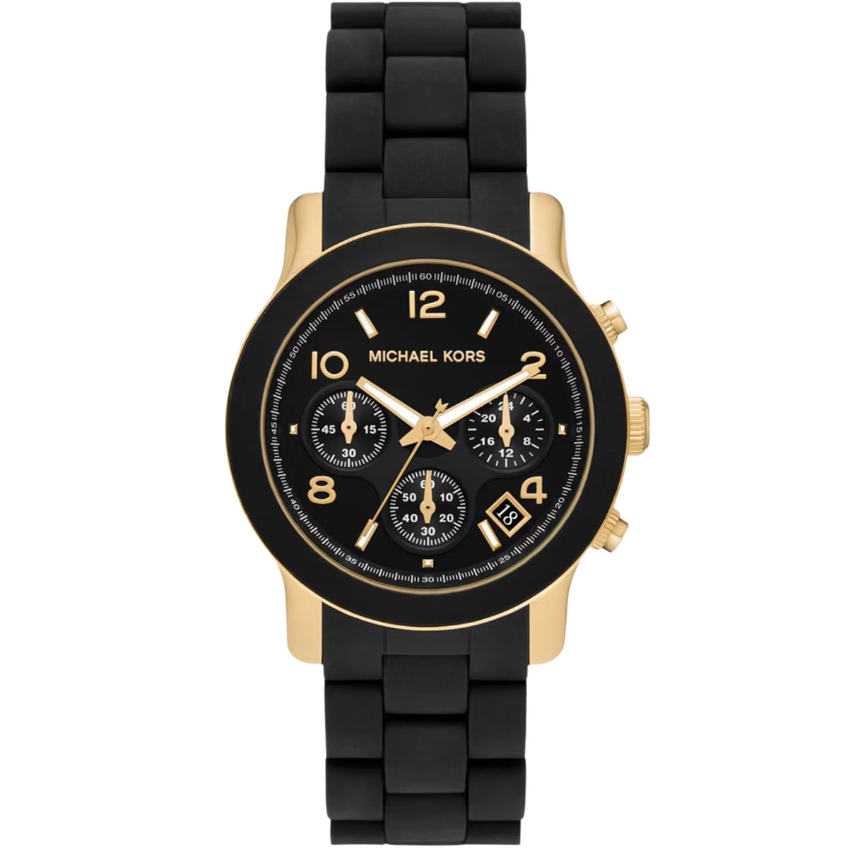 Michael Kors Runway 38mm Chronograph Black Dial Yellow Gold-Tone Steel Silicone Ladies Quartz Watch MK7385