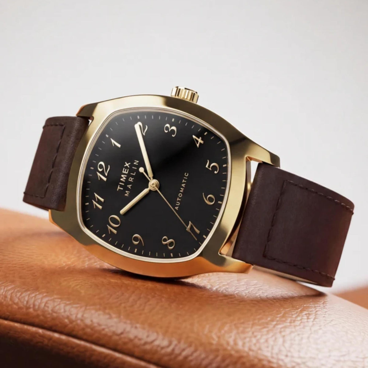 Timex Marlin Chatham 36mm Black Dial Yellow Gold-Tone Steel Leather Mens Automatic Watch TW2Y84500