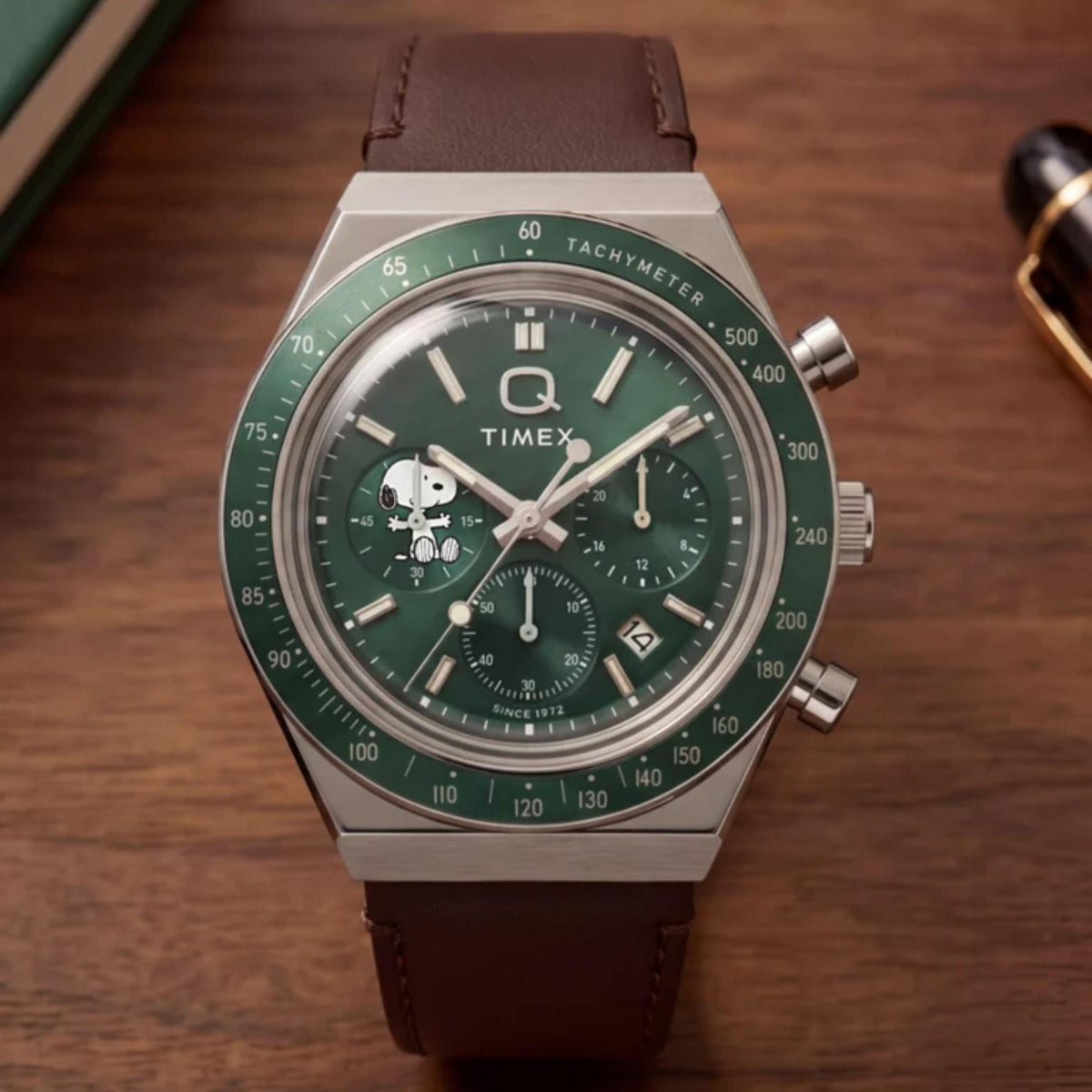 Timex Peanuts x Q Timex 40mm Chronograph Green Dial Leather Mens Quartz Watch TW6A04400