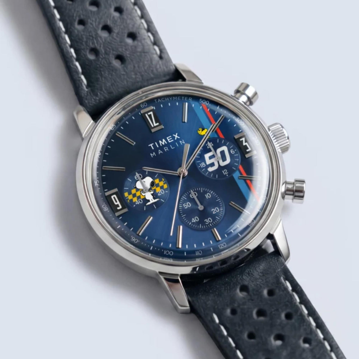 Timex Peanuts x Marlin 40mm Chronograph Blue Dial Leather Mens Quartz Watch TW2Y85300