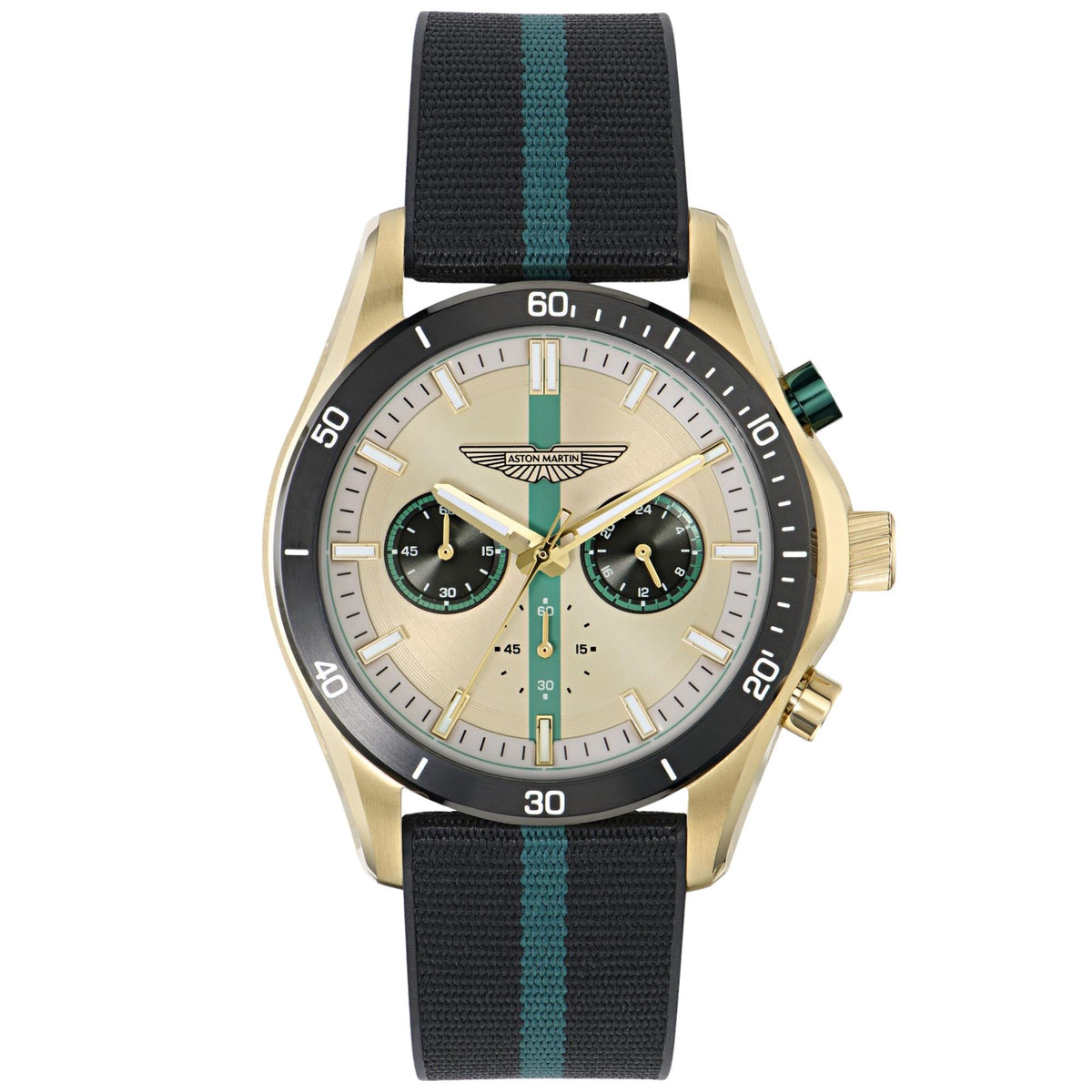 Aston Martin Thrill CLP 45mm Chronograph Champagne Dial Yellow Gold-Tone Steel Silicone Mens Quartz Watch MTRL1F601