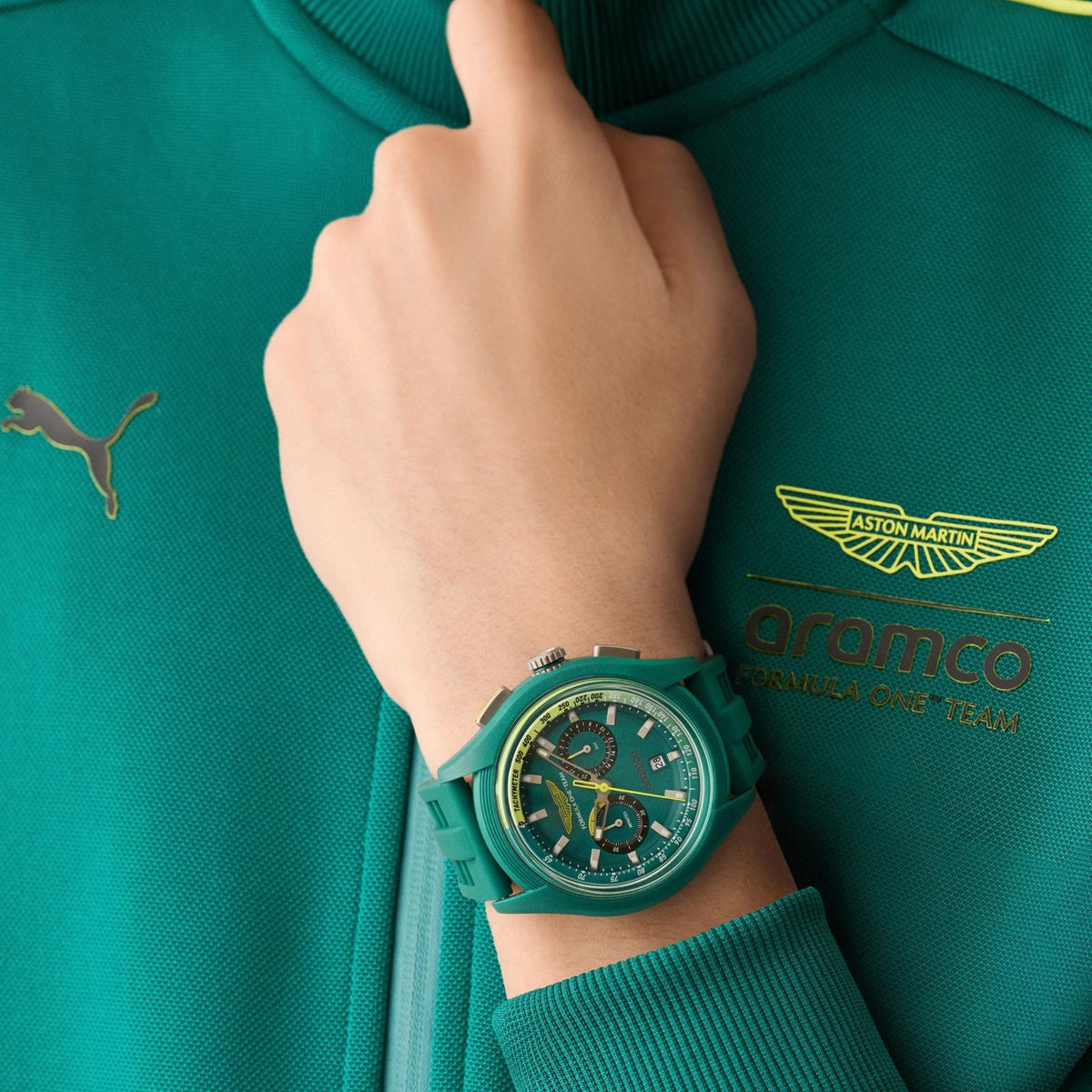 Aston Martin Aramco Formula One Team BLC 44mm Chronograph Green Dial Silicone Mens Quartz Watch MTFB1F604