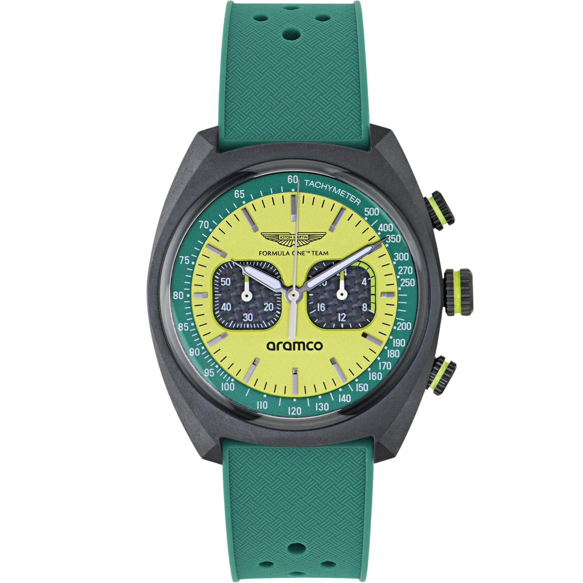 Aston Martin Aramco Formula One Team DWF 43mm Chronograph Yellow Dial Silicone Mens Quartz Watch MTFD2F603