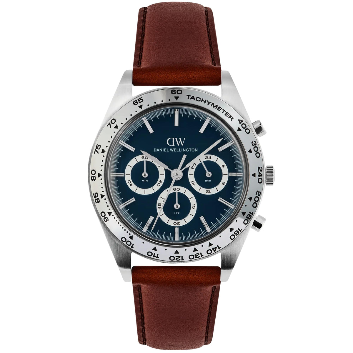 Daniel Wellington Iconic Tachymeter 42mm Chronograph Blue Dial Leather Mens Quartz Watch DW00100952