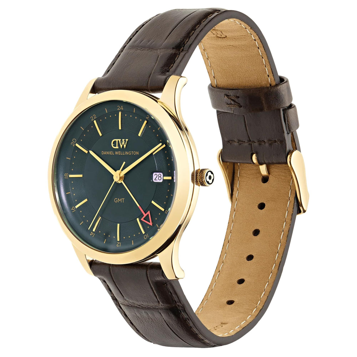 Daniel Wellington Pathfinder 39mm GMT Green Dial Yellow Gold-Tone Steel Leather Mens Quartz Watch DW00100974