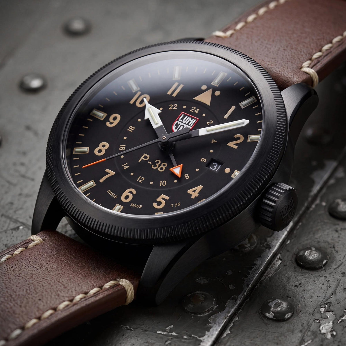 Luminox P-38 Lightning 'Air Pilot' 42mm GMT Black Dial Leather Mens Quartz Watch XA.9526