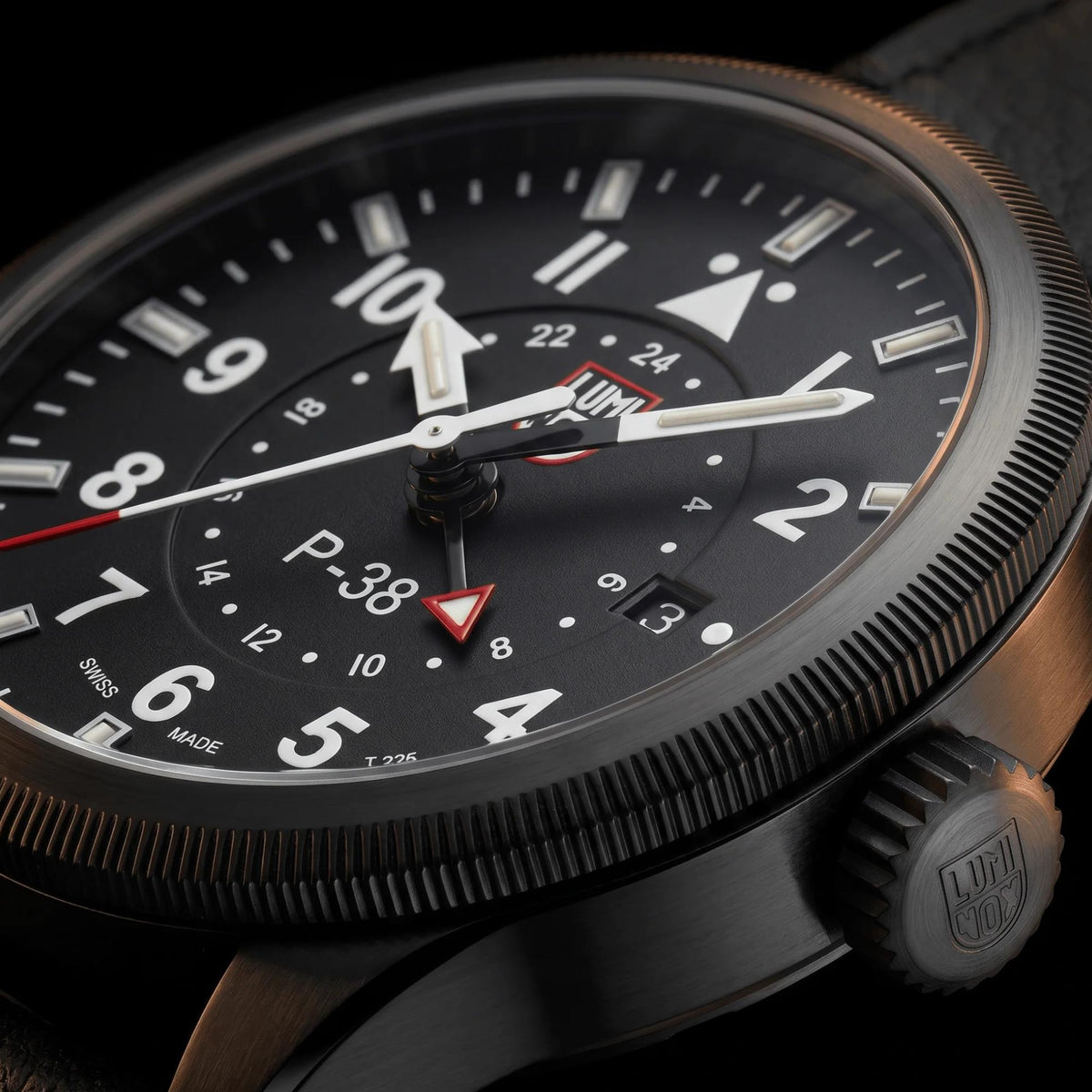 Luminox P-38 Lightning 'Air Pilot' 42mm GMT Black Dial Leather Mens Quartz Watch XA.9531