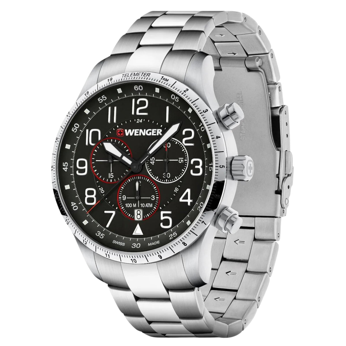 Wenger Attitude 44mm Chronograph Black Dial Steel Mens Quartz Watch 01.1543.120
