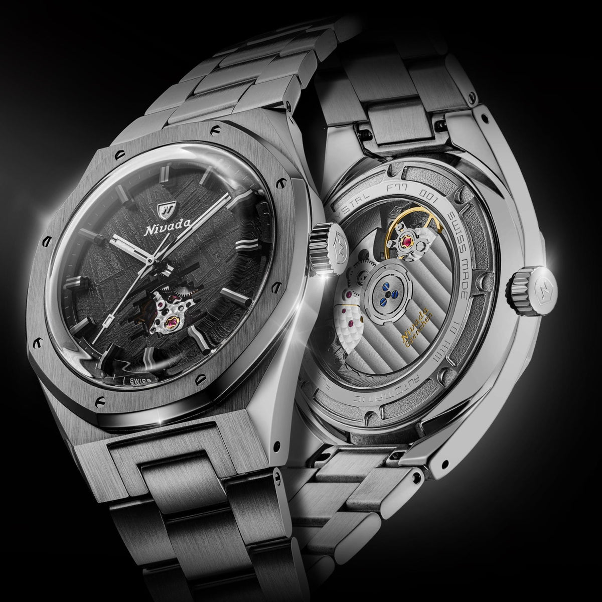 Nivada Grenchen F77 MK2 38mm Open Heart Meteorite Dial Titanium Mens Automatic Watch 68052A77