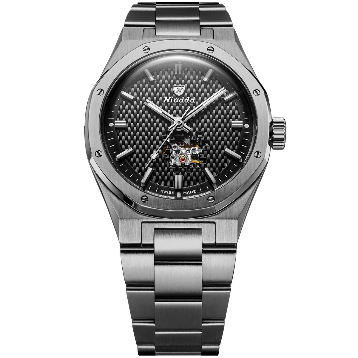 Nivada Grenchen F77 MK2 38mm Open Heart Black Tressed Dial Titanium Mens Automatic Watch 68023A77