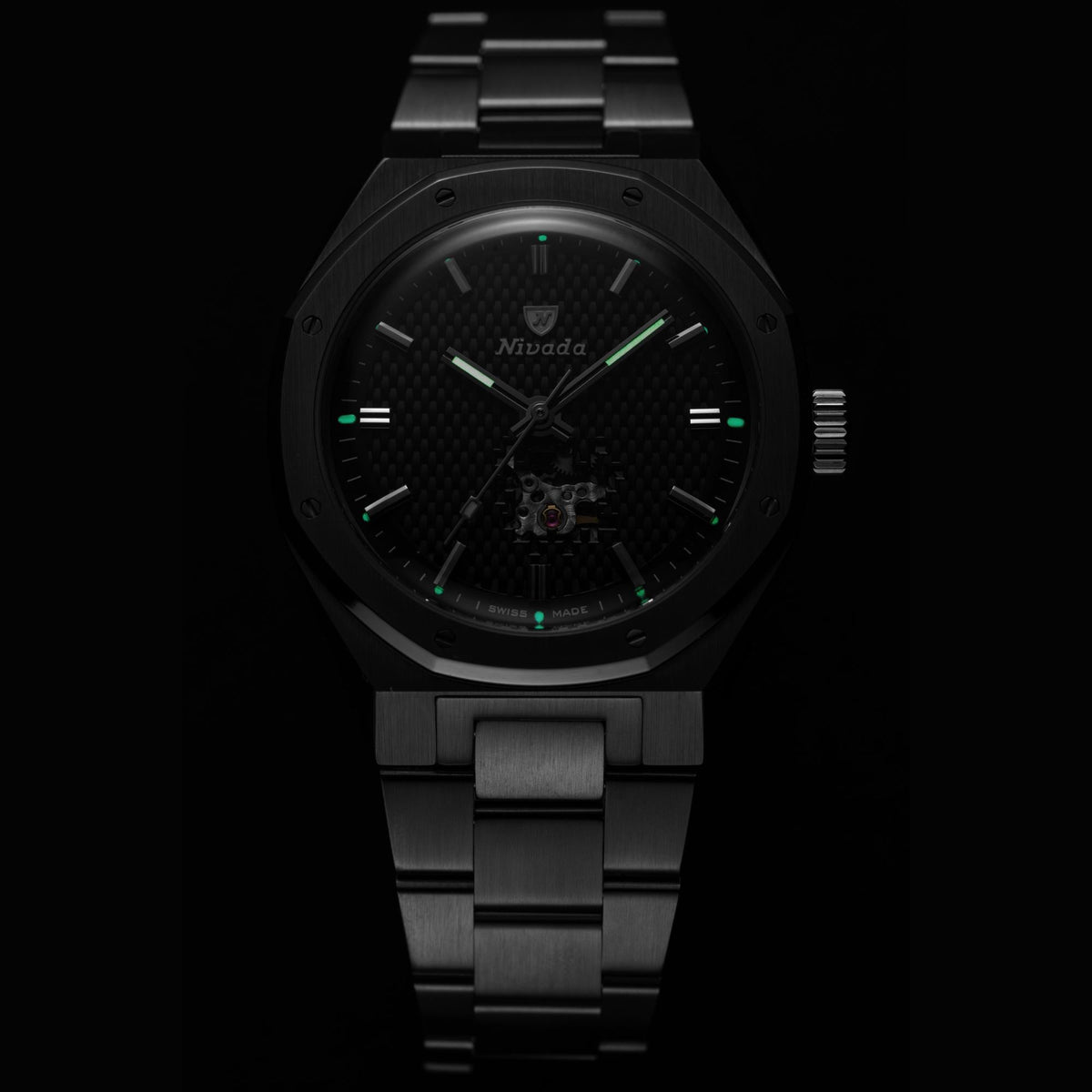 Nivada Grenchen F77 MK2 38mm Open Heart Black Tressed Dial Titanium Mens Automatic Watch 68023A77