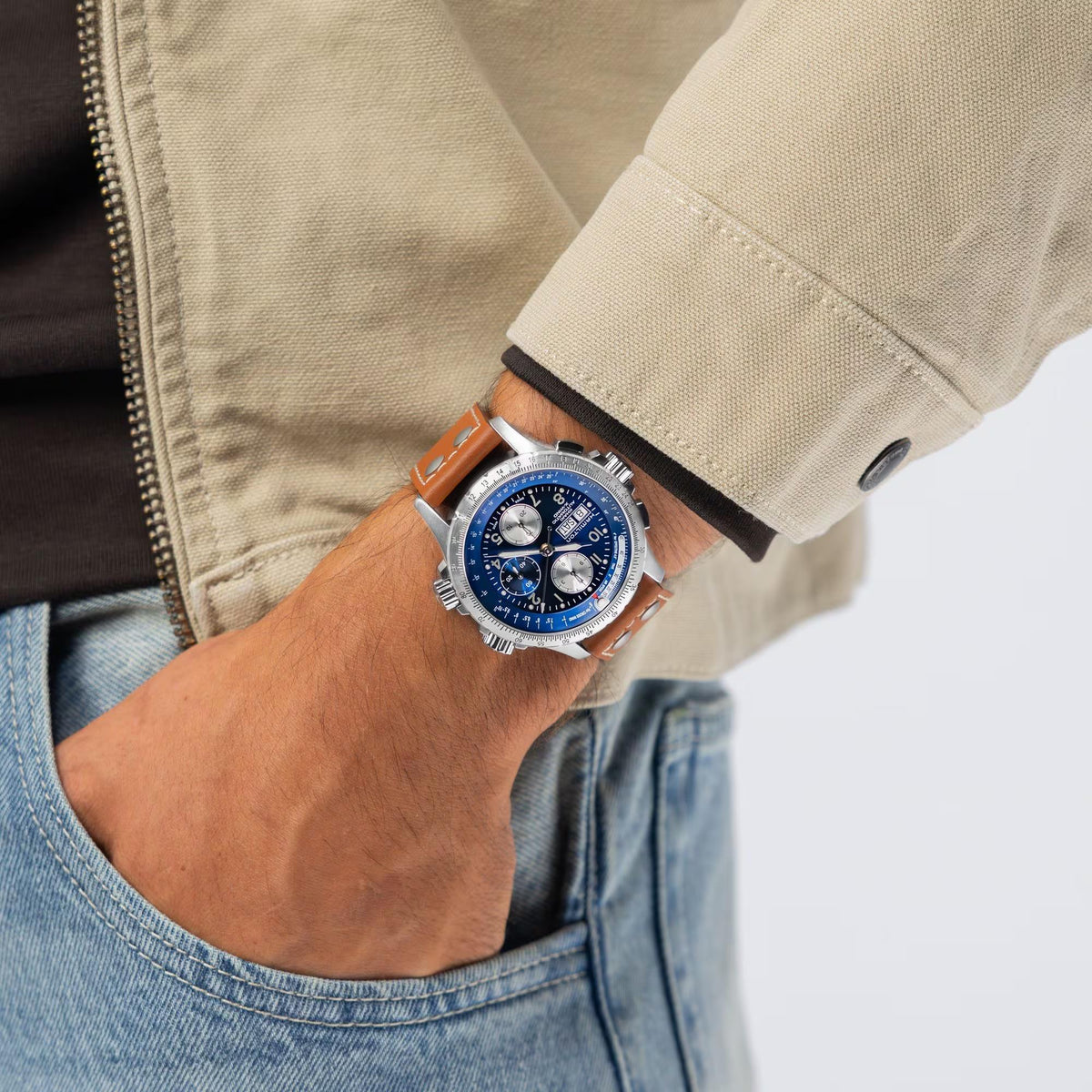 Hamilton Khaki Aviation X-Wind 44mm Chronograph Blue Dial Leather Mens Automatic Watch H77506540