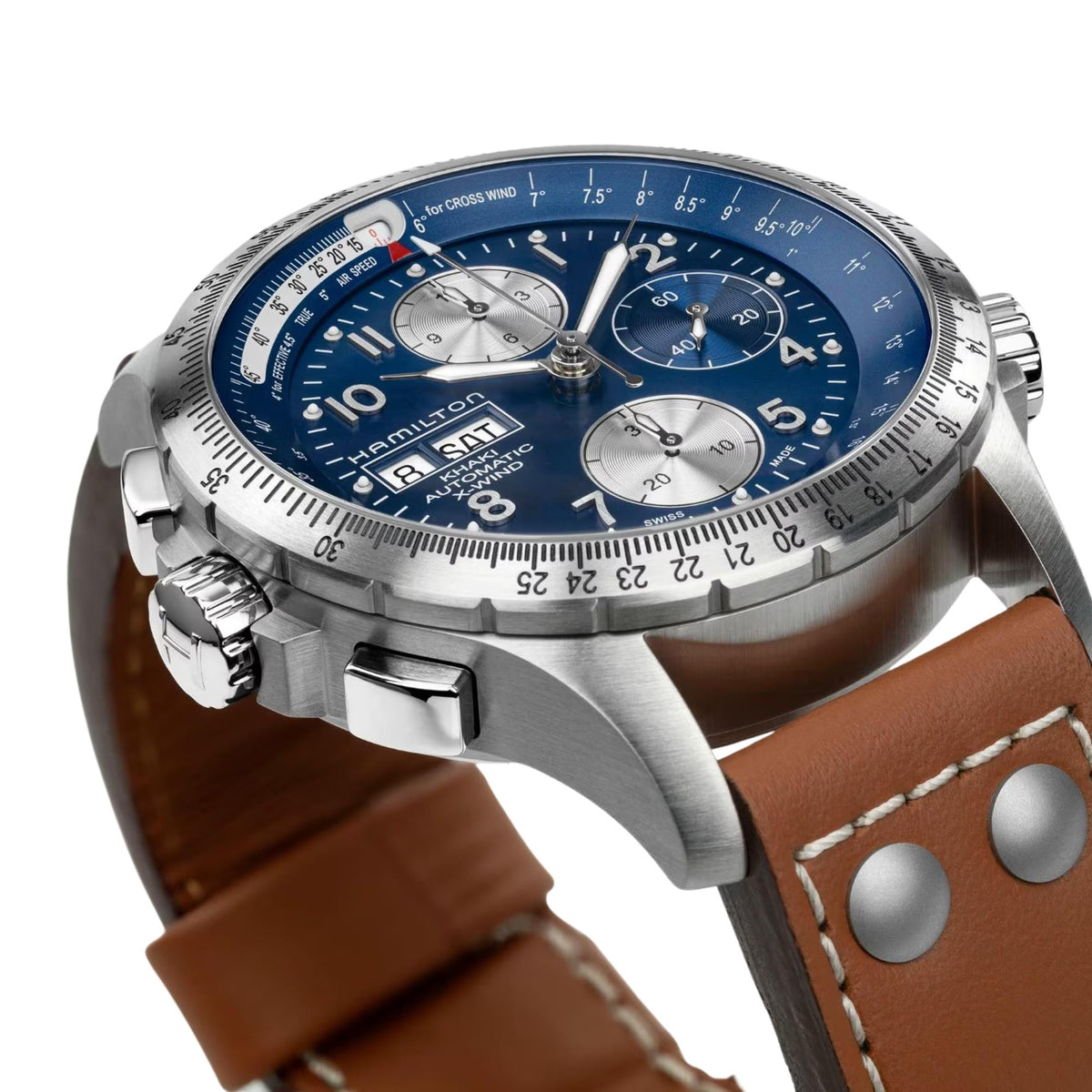 Hamilton Khaki Aviation X-Wind 44mm Chronograph Blue Dial Leather Mens Automatic Watch H77506540