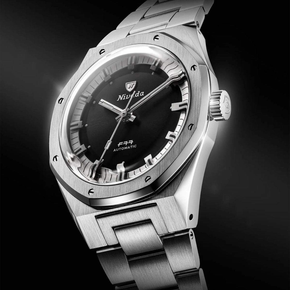 Nivada Grenchen F77 MK2 38mm Tuxedo Dial Steel Mens Automatic Watch 68063A77